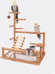 NonoPets Solid Wood Multi-Level Tabletop Activity Center with Climbing Ladder, Hanging Swing & Natural Perches Bird Play Gym, Brown