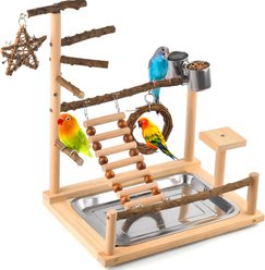 NonoPets Solid Wood Multi-Level Tabletop Activity Center with Climbing Ladder, Hanging Swing & Natural Perches Bird Play Gym, Dark Brown