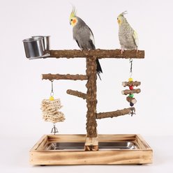 NonoPets Solid Wood Multi-Level Tabletop Activity Center with Natural Bark Perches, Hanging Shredder Toy & Interactive Bell Bird Play Gym