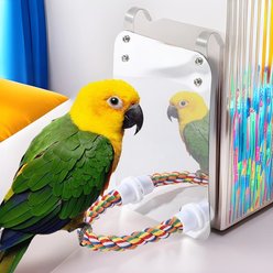 NonoPets Interactive Durable Acrylic Hanging Bird Mirror with Colorful Standing Cotton Rope Perch & Secure Mounting