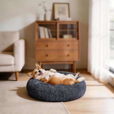 JOEJOY JOEJOY Donut Warming Fluffy Plush Round Bolster Dog & Cat Bed with Non-Slip Bottom, Dark Gray, 30-in