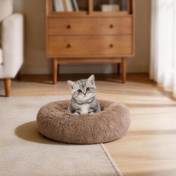 JOEJOY Donut Warming Fluffy Plush Round Bolster Dog & Cat Bed with Non-Slip Bottom, Brown, 20-in