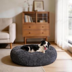 JOEJOY Donut Warming Fluffy Plush Round Bolster Dog & Cat Bed with Non-Slip Bottom, Dark Gray, 36-in