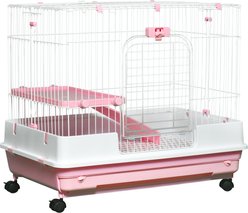 PawHut 2-Level Small Animal Cage with Wheels, Removable Tray, Platform & Ramp, 32 x 20.75 x 26-in, Pink