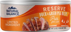 Natural Balance Limited Ingredient Reserve Duck & Green Pea Recipe Wet Cat Food, 5.5-oz can, case of 24