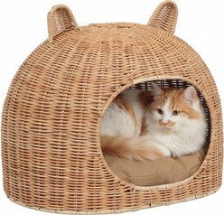 THE LICKER STORE Cat Ear Coastal Handwoven Rattan Elevated Dog & Cat Bed, Light Brown, 20 x 14.5-in