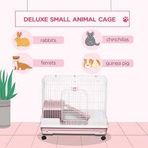 PawHut 2-Level Small Animal Cage with Wheels, Removable Tray, Platform & Ramp, 32 x 20.75 x 26-in, Pink