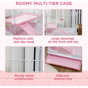 PawHut 2-Level Small Animal Cage with Wheels, Removable Tray, Platform & Ramp, 32 x 20.75 x 26-in, Pink