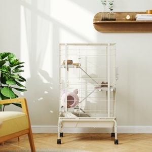 PawHut 4-Levels 47-in Large Rolling Metal 3 Ramps, Water Bottle & Food Dish Small Animal Cage with Tray, Beige, 27.2 x 17.3 x 47.2-in