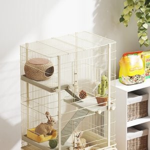 PawHut 4-Levels 47-in Large Rolling Metal 3 Ramps, Water Bottle & Food Dish Small Animal Cage with Tray, Beige, 27.2 x 17.3 x 47.2-in