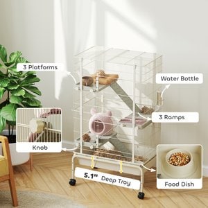 PawHut 4-Levels 47-in Large Rolling Metal 3 Ramps, Water Bottle & Food Dish Small Animal Cage with Tray, Beige, 27.2 x 17.3 x 47.2-in