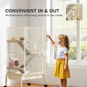 PawHut 4-Levels 47-in Large Rolling Metal 3 Ramps, Water Bottle & Food Dish Small Animal Cage with Tray, Beige, 27.2 x 17.3 x 47.2-in