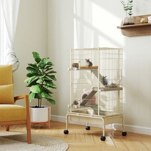 PawHut 4-Levels 47-in Large Rolling Metal 3 Ramps, Water Bottle & Food Dish Small Animal Cage with Tray, Beige, 27.2 x 17.3 x 47.2-in