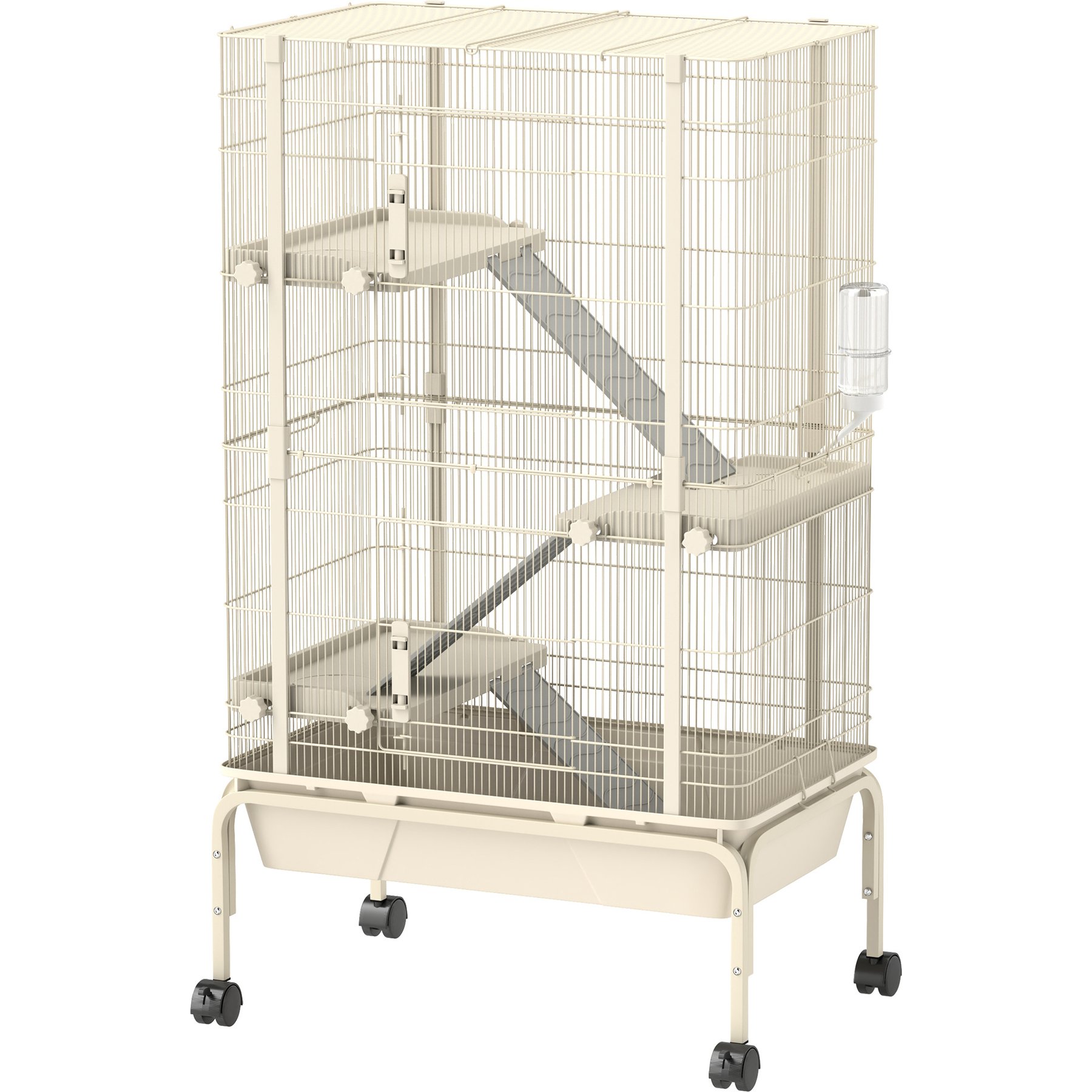PawHut 4-Levels 47-in Large Rolling Metal 3 Ramps, Water Bottle & Food Dish Small Animal Cage with Tray, Beige, 27.2 x 17.3 x 47.2-in