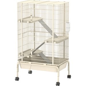 PawHut 4-Levels 47-in Large Rolling Metal 3 Ramps, Water Bottle & Food Dish Small Animal Cage with Tray, Beige, 27.2 x 17.3 x 47.2-in