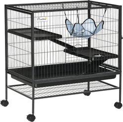 PawHut 3-Story Metal Play House No Leaking Tray Storage Shelf Small Animal Cage with Casters Hammock, Black, 31.5 x 20.5 x 33-in