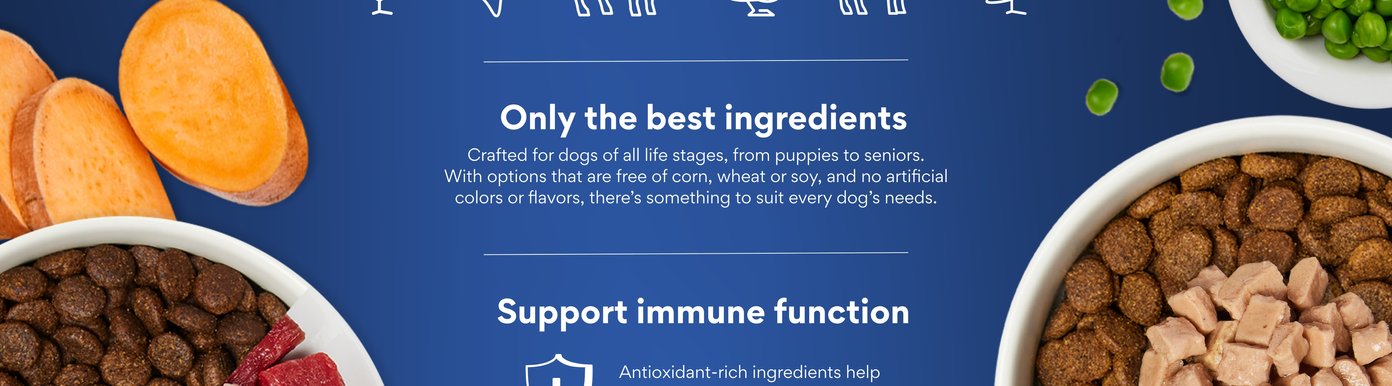 Only the best ingredients Crafted for dogs of all life stages, from puppies to seniors. With options that are free of corn, wheat or soy, and no artificial colors or flavors, there’s something to suit every dog’s needs. Support immune function Antioxidant-rich ingredients help strengthen your dog's immune system for better health and vitality.