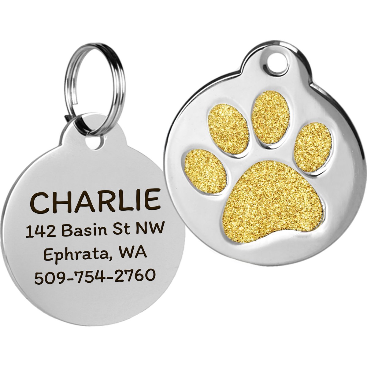 GoTags Personalized Glitter Paw Round Polished Stainless Steel Dog & Cat ID Tag, Golden, Regular
