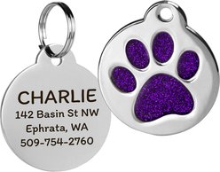 GoTags Personalized Glitter Paw Round Polished Stainless Steel Dog & Cat ID Tag, Violet, Small