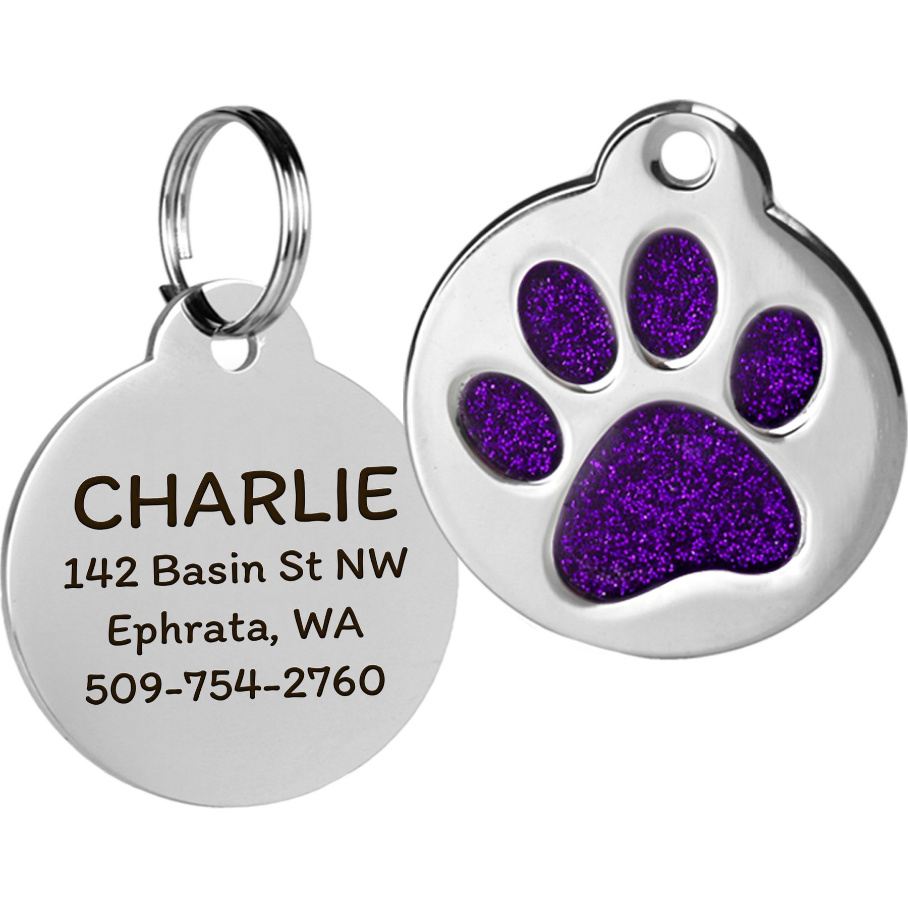 GoTags Personalized Glitter Paw Round Polished Stainless Steel Dog & Cat ID Tag, Violet, Regular