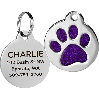 GoTags GoTags Personalized Glitter Paw Round Polished Stainless Steel Dog & Cat ID Tag, Violet, Small