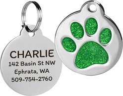 GoTags Personalized Glitter Paw Round Polished Stainless Steel Dog & Cat ID Tag, Emerald, Small