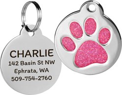 GoTags Personalized Glitter Paw Round Polished Stainless Steel Dog & Cat ID Tag, Ruby, Small