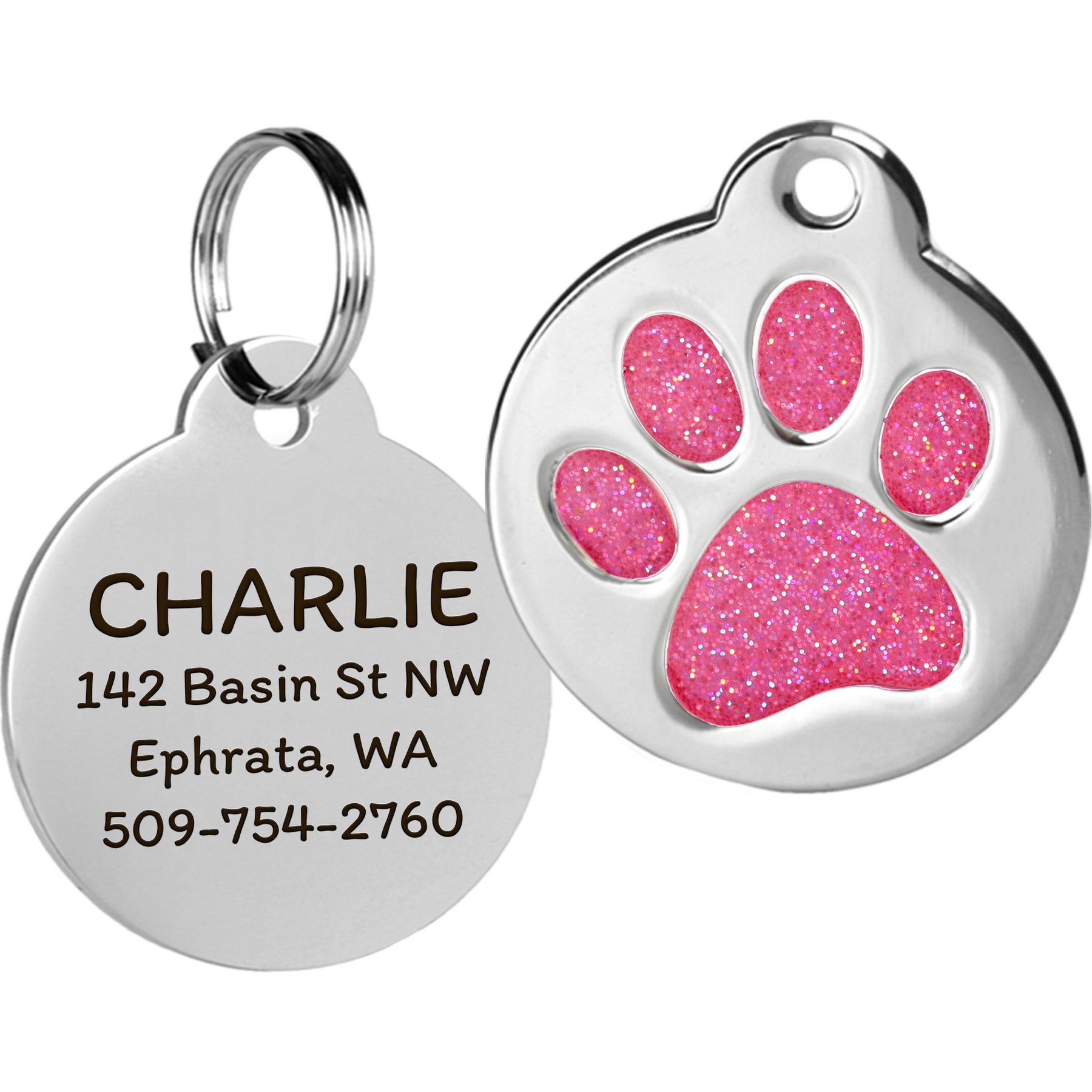 GoTags Personalized Glitter Paw Round Polished Stainless Steel Dog & Cat ID Tag, Rose, Regular