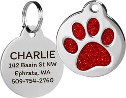 GoTags Personalized Glitter Paw Round Polished Stainless Steel Dog & Cat ID Tag, Rose, Small