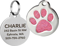 GoTags Personalized Glitter Paw Round Polished Stainless Steel Dog & Cat ID Tag, Blush, Small