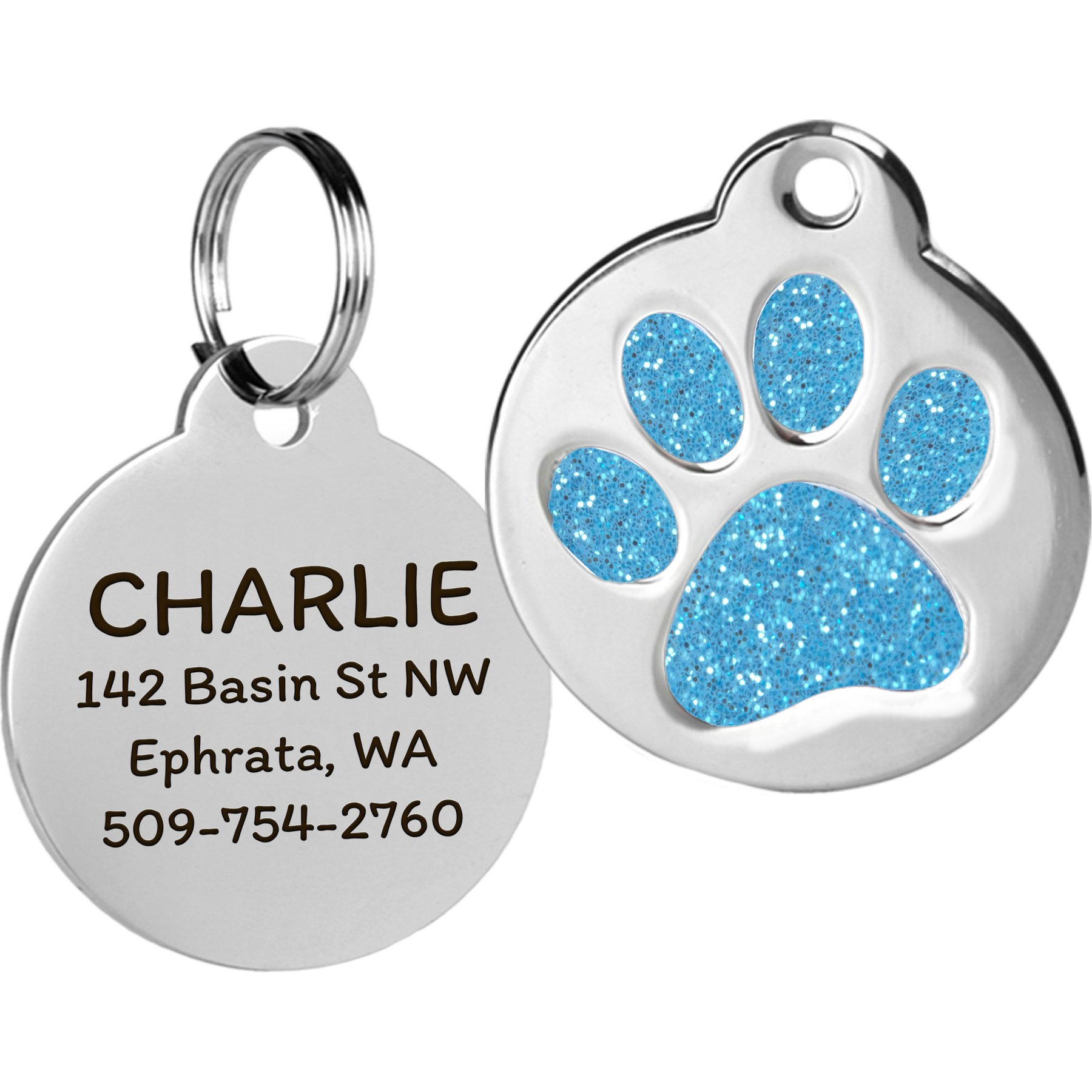 GoTags Personalized Glitter Paw Round Polished Stainless Steel Dog & Cat ID Tag, Sky Blue, Regular