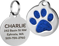 GoTags Personalized Glitter Paw Round Polished Stainless Steel Dog & Cat ID Tag, Navy, Small
