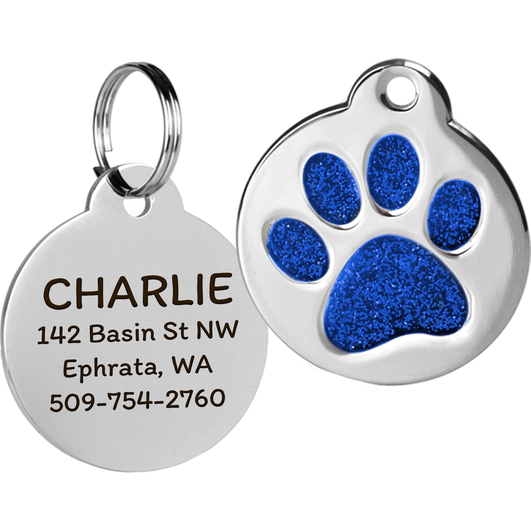 GoTags Personalized Glitter Paw Round Polished Stainless Steel Dog & Cat ID Tag, Navy, Regular