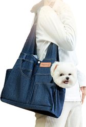 NonoPets Premium Fashion Denim Travel Purse & Ergonomic Shoulder Tote Bag Dog & Cat Carrier, Large
