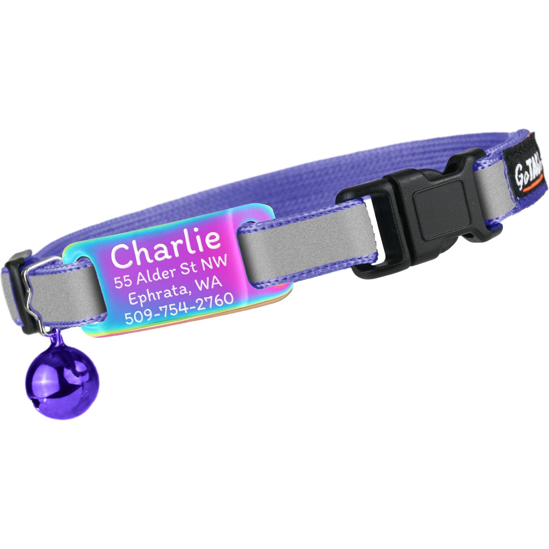GoTags Personalized Reflective Breakaway Cat Collar with Engraved Nameplate Tag, Safety Release Buckle & Bell, 8 to 12-in neck, 1/2-in wide, Lilac/Multicolor