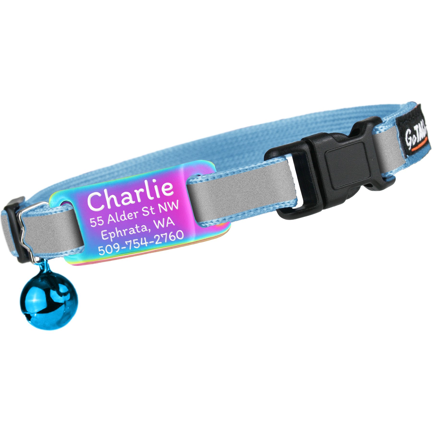 GoTags Personalized Reflective Breakaway Cat Collar with Engraved Nameplate Tag, Safety Release Buckle & Bell, 8 to 12-in neck, 1/2-in wide, Sky Blue/Multicolor