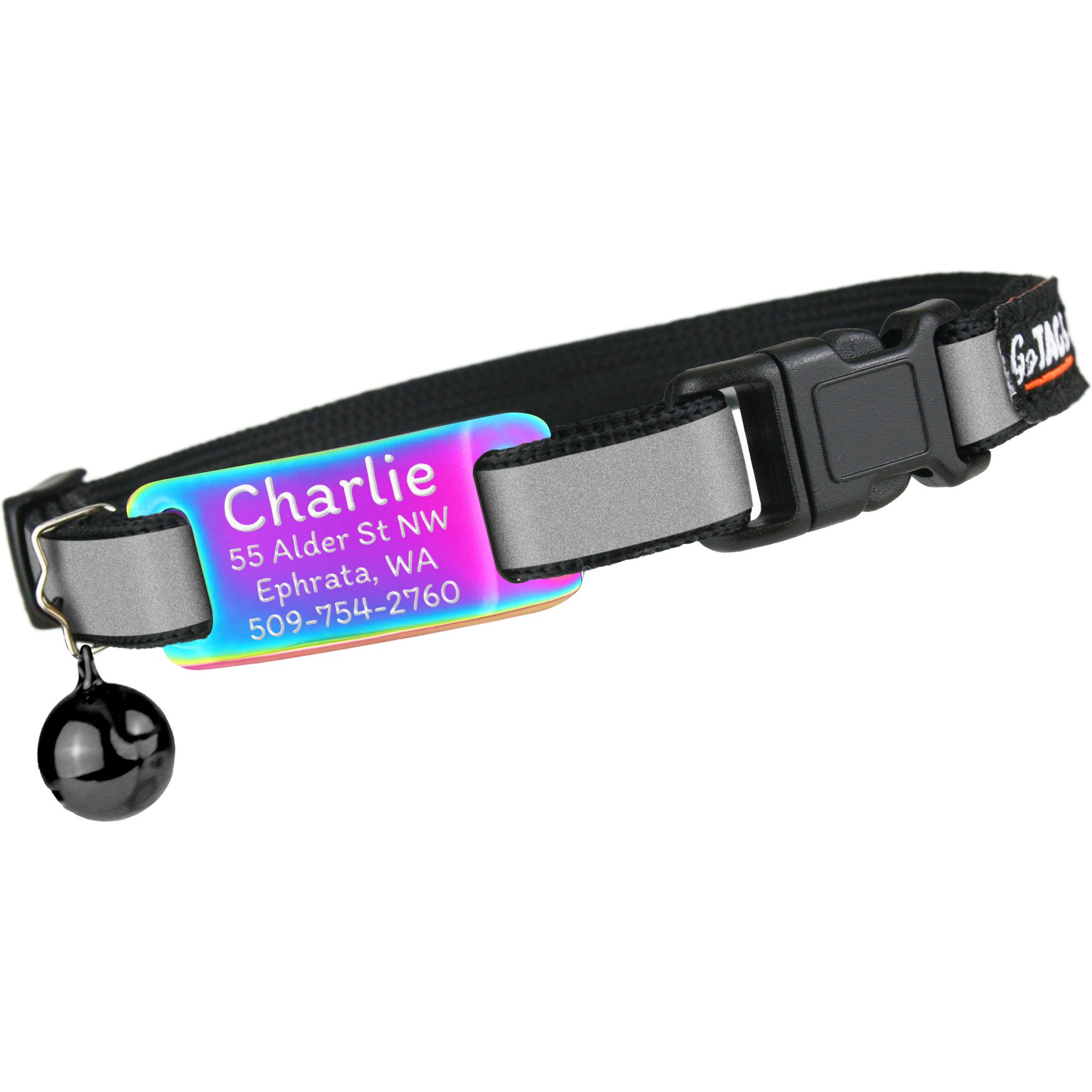 GoTags Personalized Reflective Breakaway Cat Collar with Engraved Nameplate Tag, Safety Release Buckle & Bell, 8 to 12-in neck, 1/2-in wide, Midnight Black/Multicolor