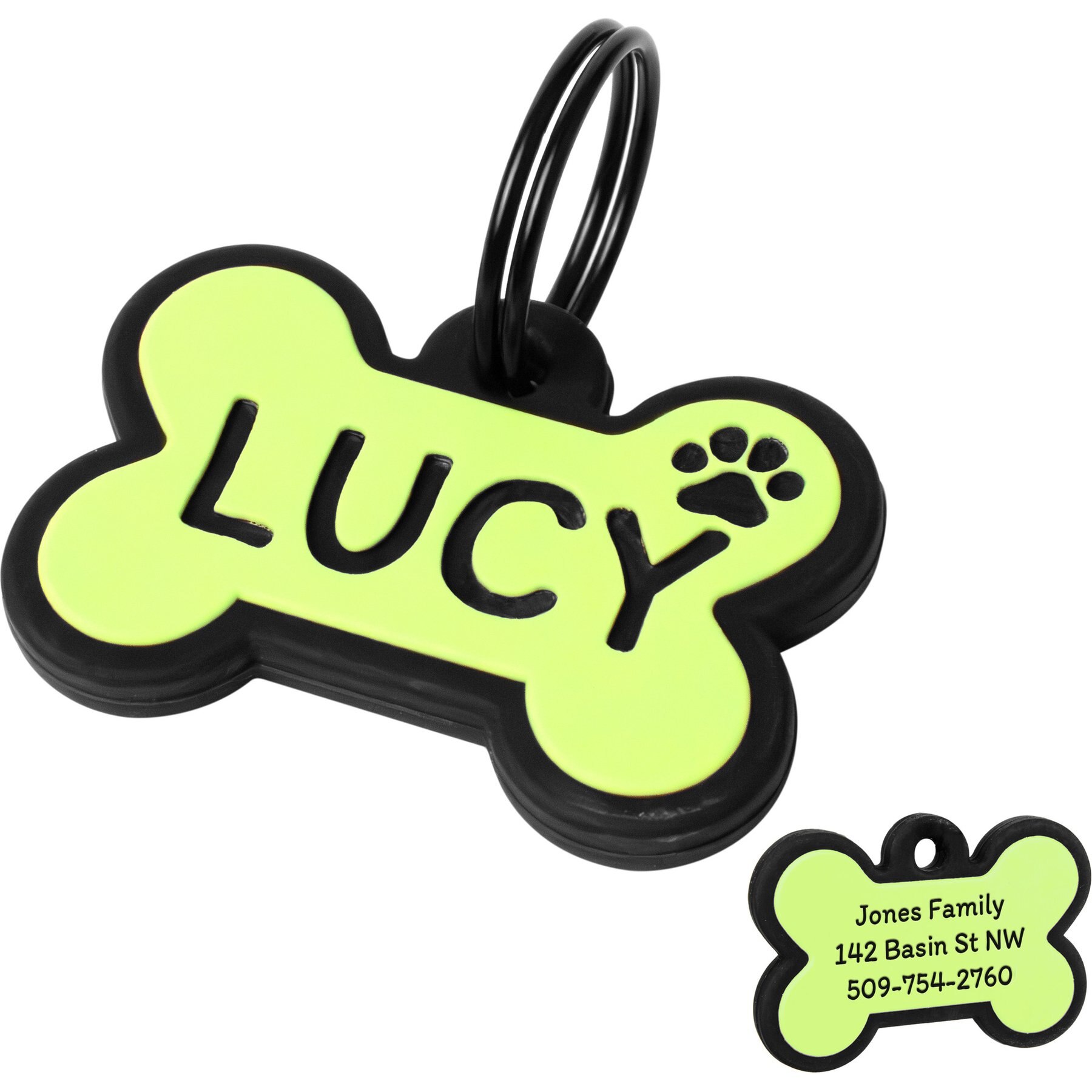 GoTags Bone Shaped Personalized Engraved Silicone No Noise Dog & Cat ID Tag, Neon