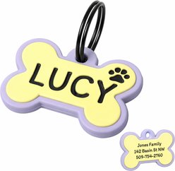 GoTags Bone Shaped Personalized Engraved Silicone No Noise Dog & Cat ID Tag, Blossom