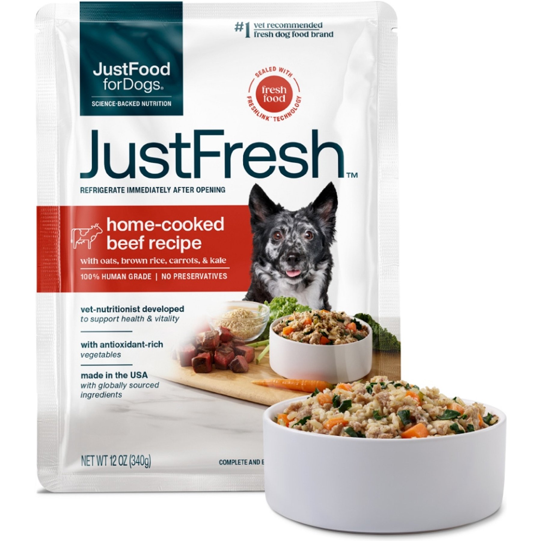JustFoodForDogs JustFresh Human Grade Home-Cooked Beef Recipe Fresh Dog Food, 12-oz pouch, pack of 7
