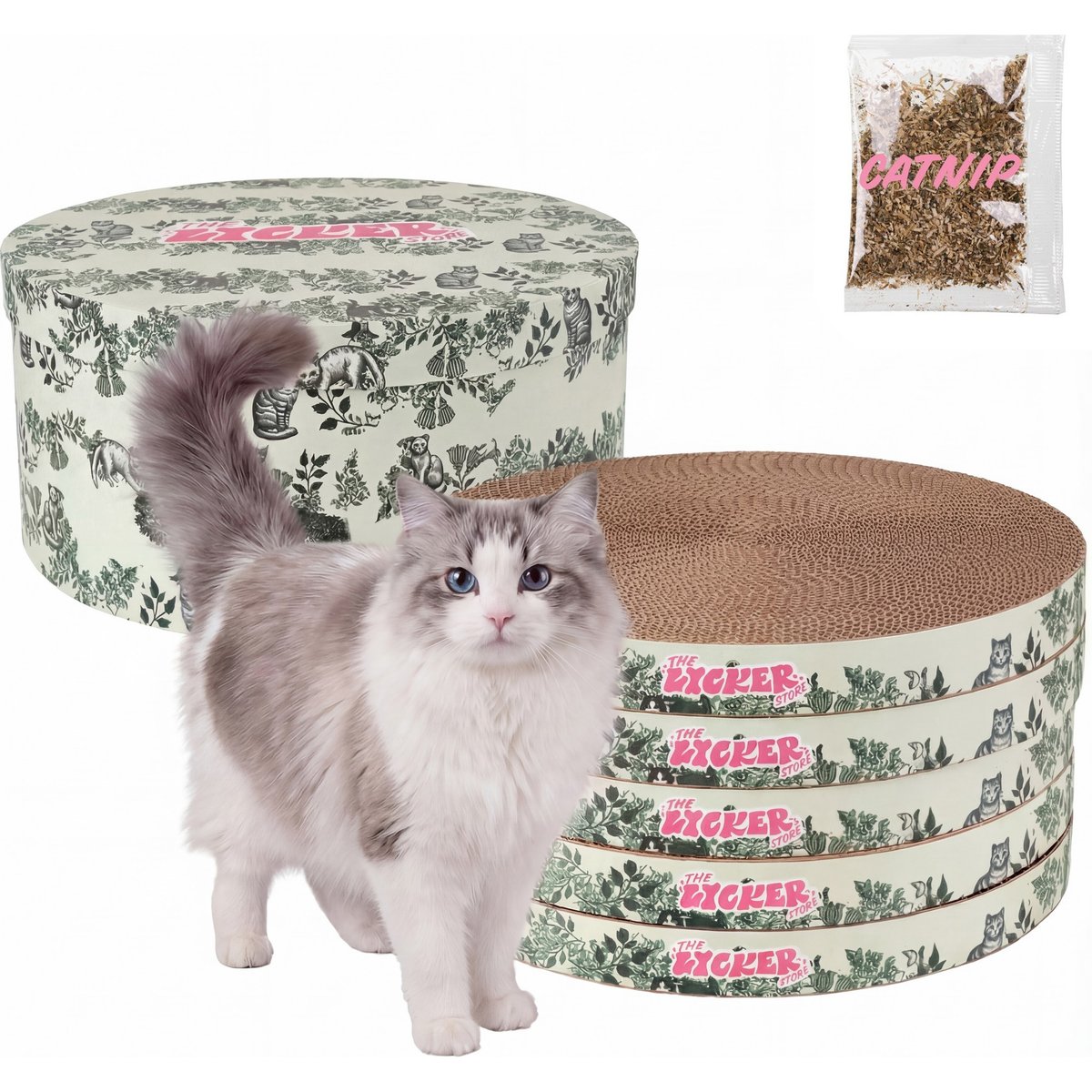 THE LICKER STORE Kate Modern 12-in Patterned Cardboard Reversible Cat Scratcher Pad in Box with Catnip, 5 count, Cat Green