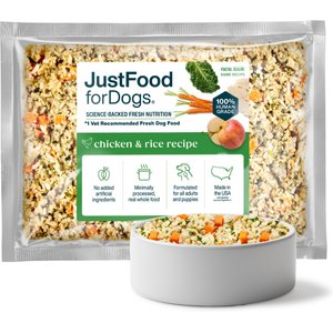 JustFoodForDogs Chicken & Rice Recipe Frozen Human-Grade Fresh Dog Food, 18-oz pouch, case of 7