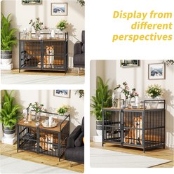 PawsNestParlor Furniture Style Dog Crate with Adjustable Raised Feeder & 2 Stainless Steel Bowls End Table House Pad, Brown, 41-in slide 2 of 8
