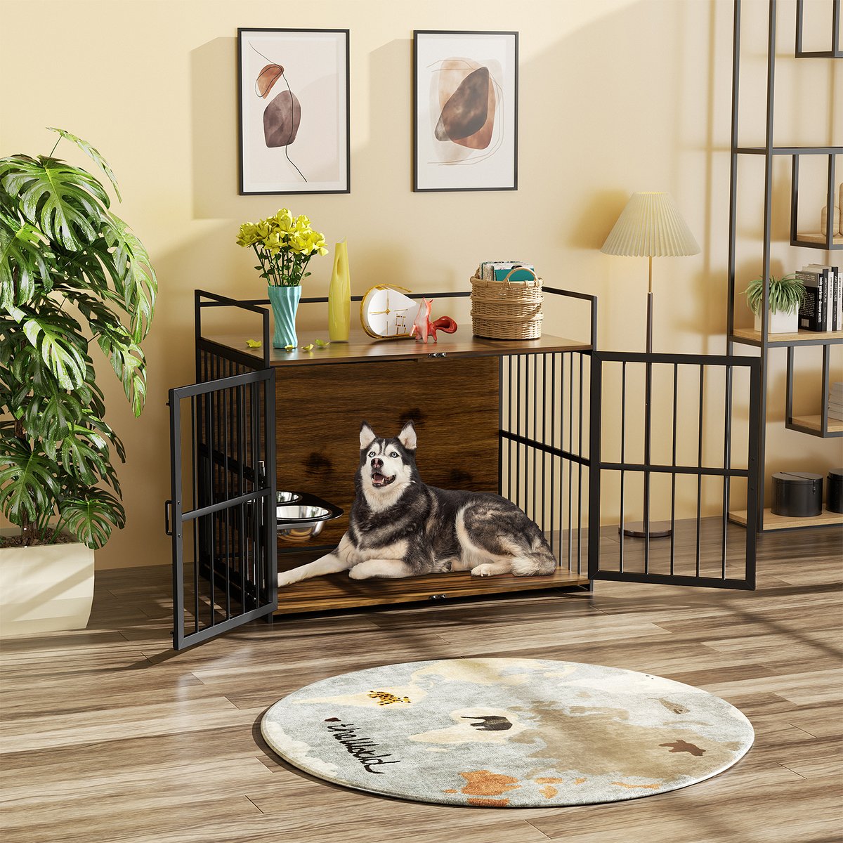 PawsNestParlor Indoor Heavy Duty Super Sturdy Furniture Style Dog Crate with 2 Stainless Steel Bowls, Brown, 48-in