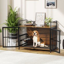 PawsNestParlor Furniture Style Dog Crate with Adjustable Raised Feeder & 2 Stainless Steel Bowls End Table House Pad, Brown, 41-in slide 1 of 8