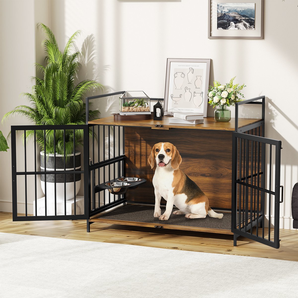 PawsNestParlor Furniture Style Dog Crate with Adjustable Raised Feeder & 2 Stainless Steel Bowls End Table House Pad, Brown, 41-in