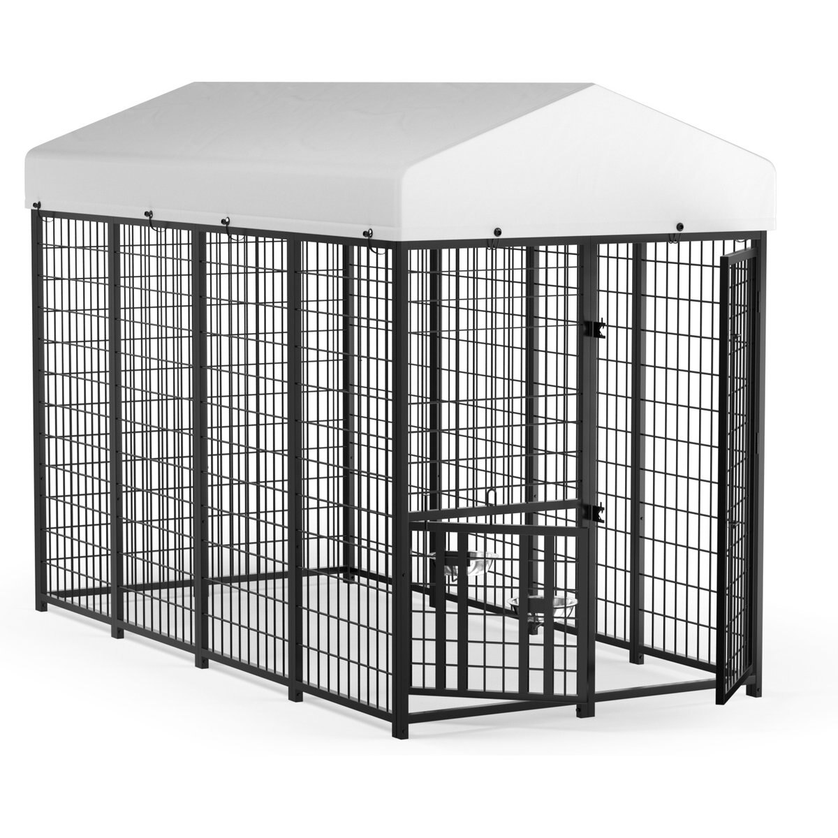 PawsNestParlor Outdoor Run Enclosure Animal Hutch Metal Coop Fence Dog Kennel with Roof Cover, Black, Large: 8 x 4 x 5.6-ft