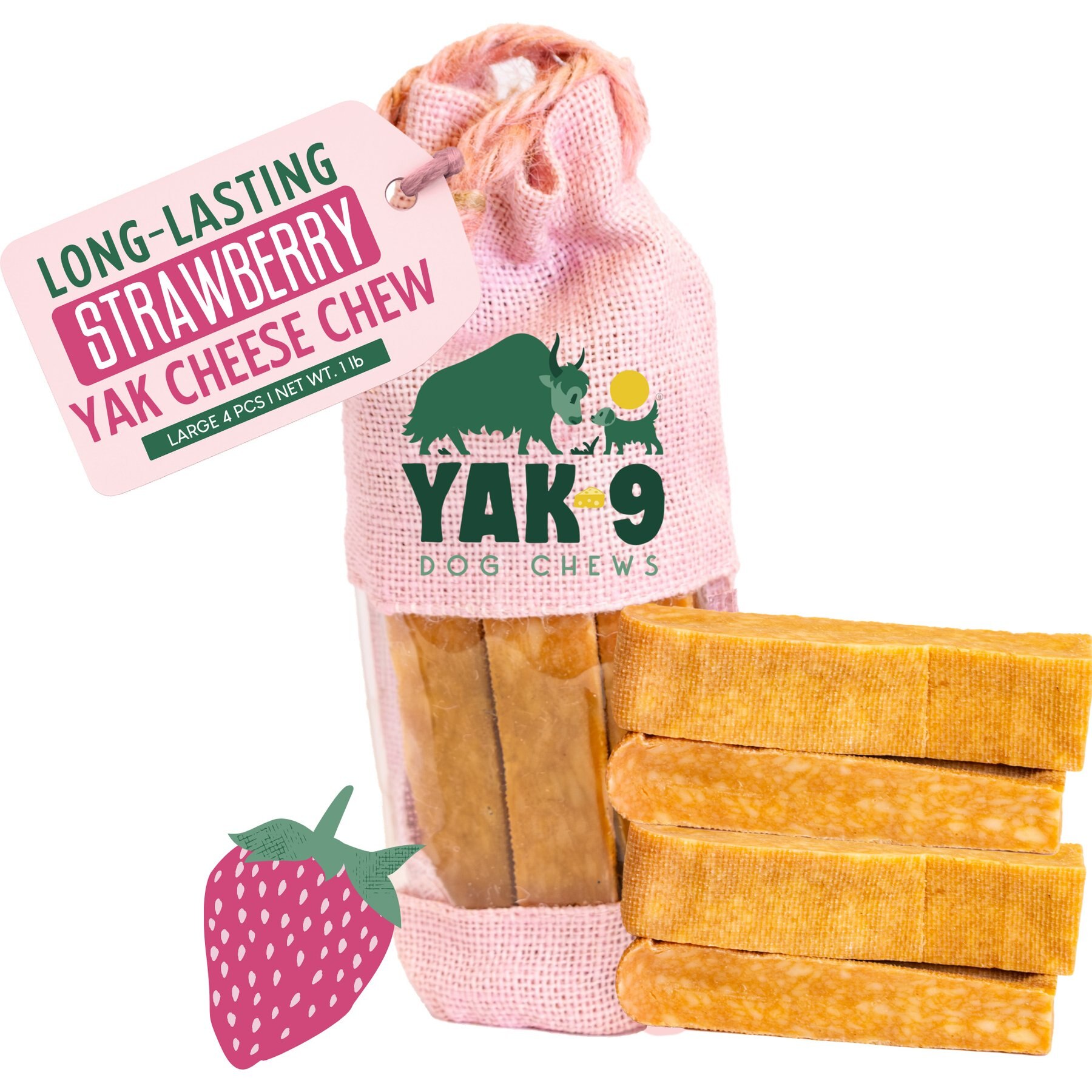 Yak9 Chews Strawberry Yak Chew Dog Treat, Large, 4 count