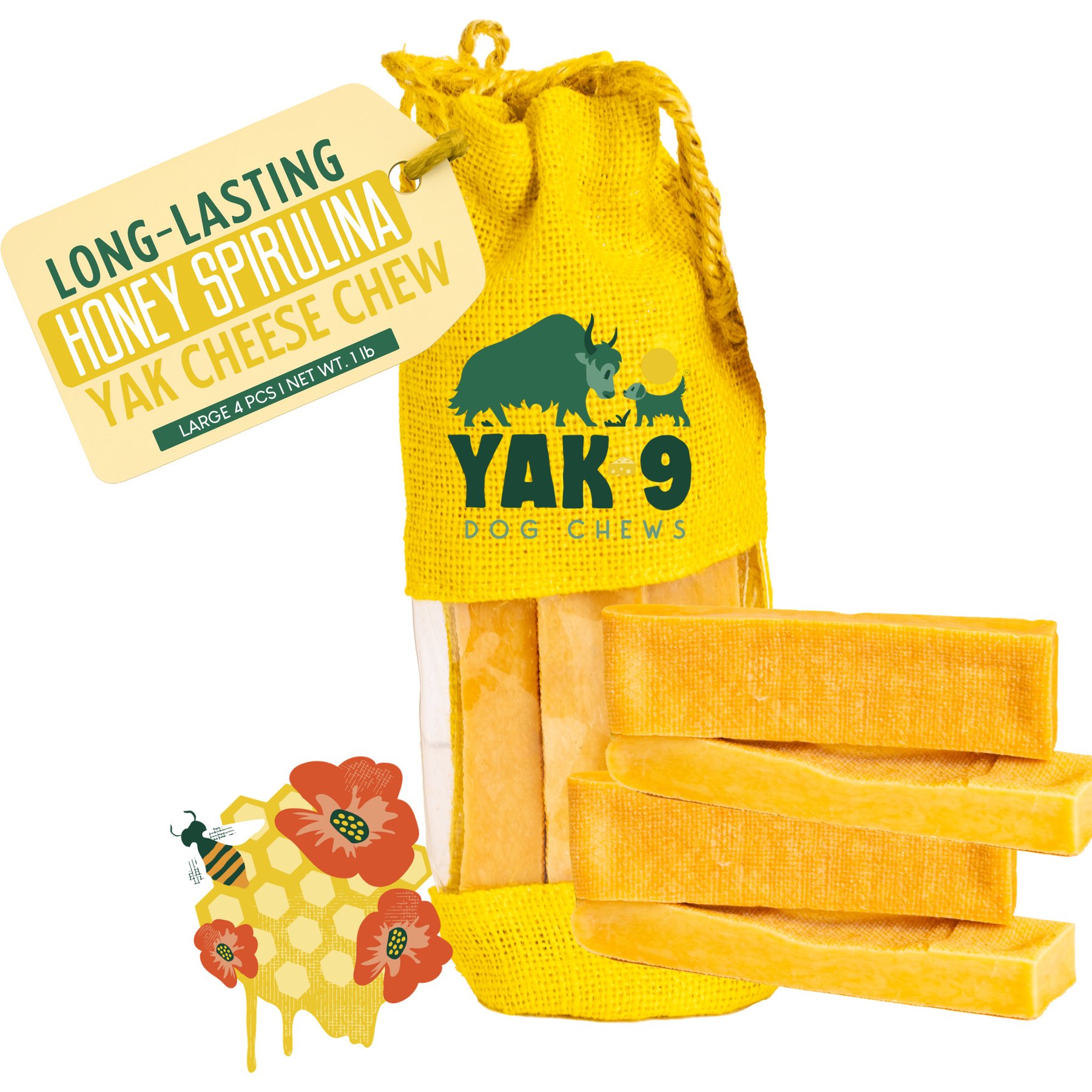 Yak9 Chews Honey & Spirulina Yak Chew Dog Treat, Large, 4 count