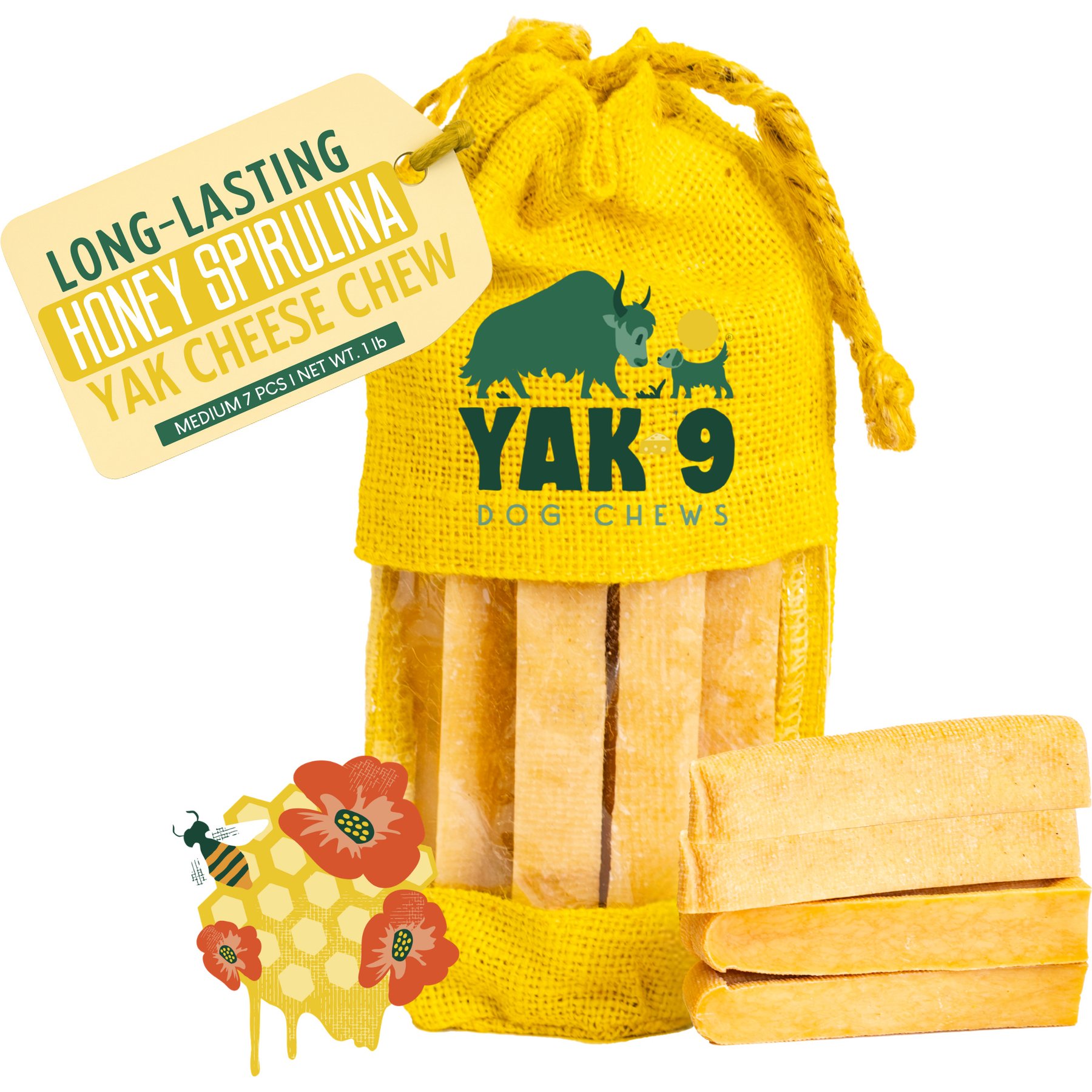 Yak9 Chews Honey & Spirulina Yak Chew Dog Treat, Medium, 7 count